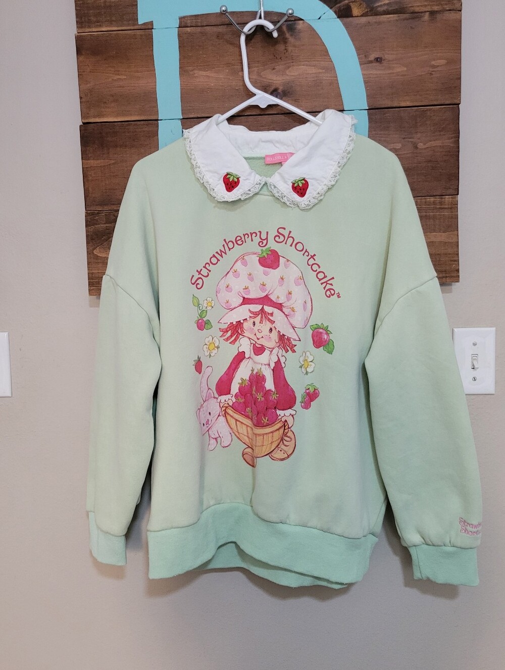 Dolls Kill X Strawberry Shortcake Mint Green Oversized Sweatshirt Lace Collar